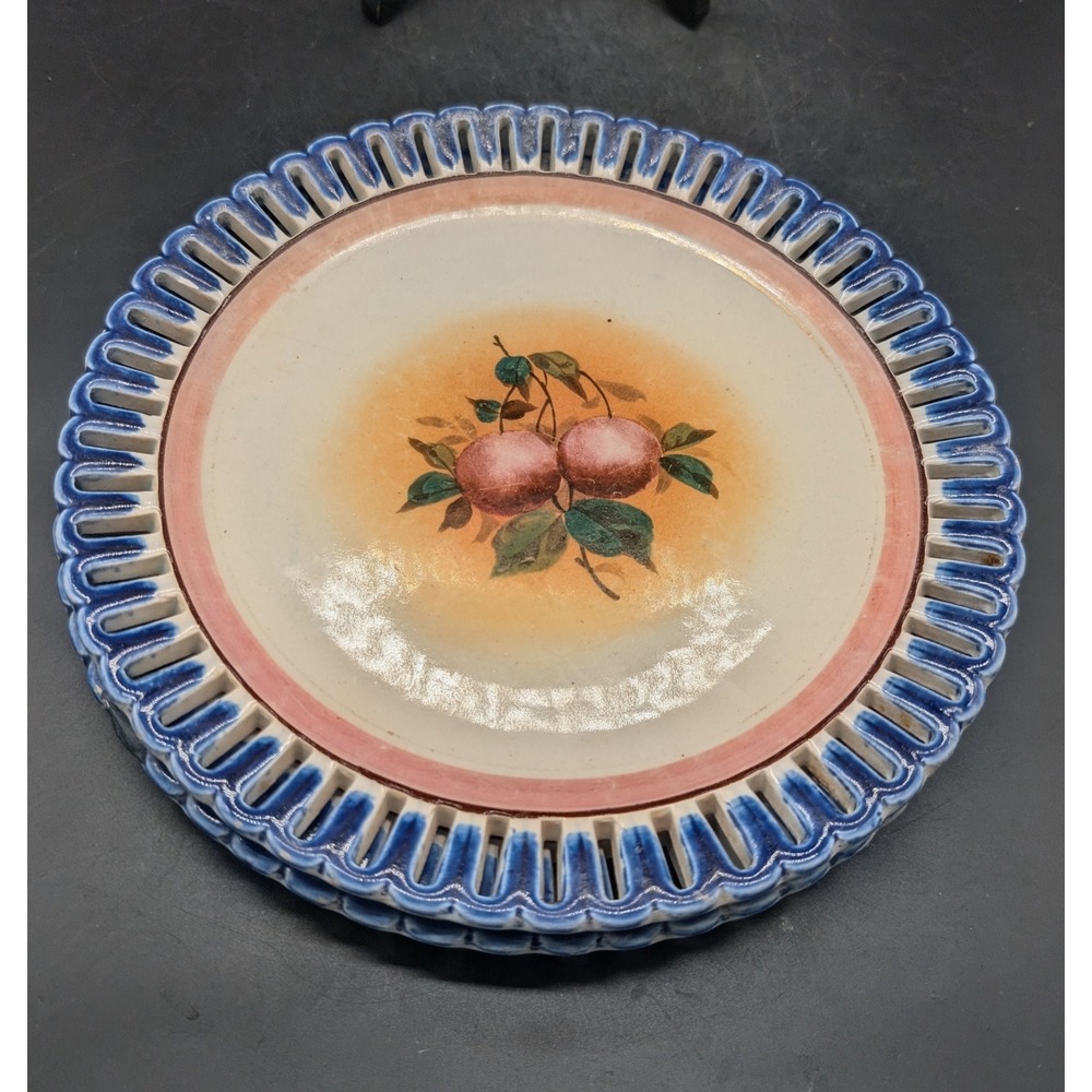 Set/2 Antique English Pearlware Reticulated Plate Fruit Transferware Blue 8"